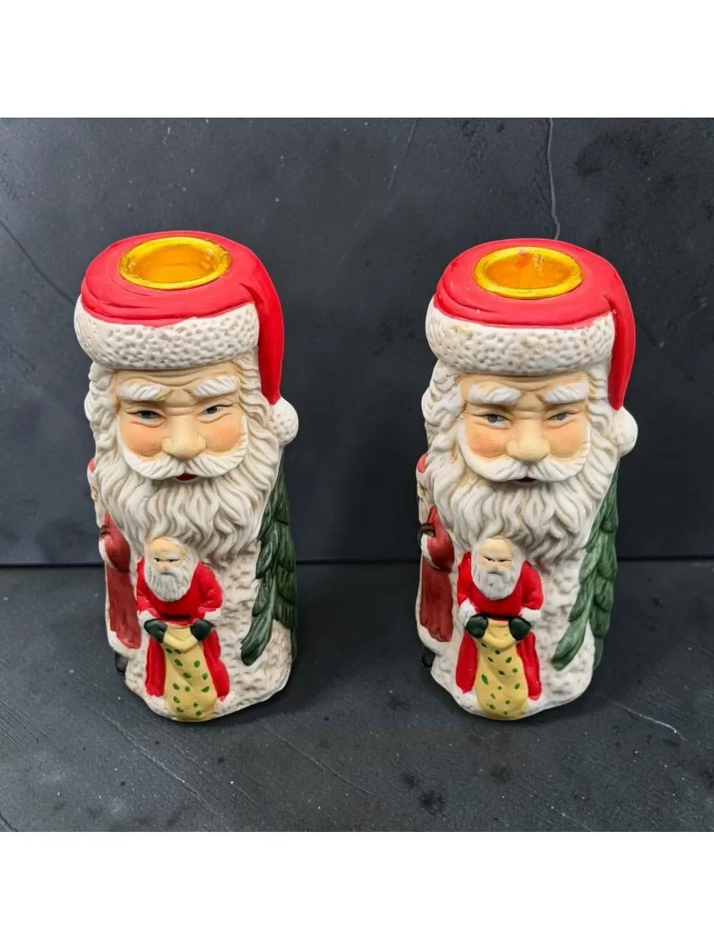 Vintage Ceramic Santa Candle Holders Set of 2 Christmas Holiday Decor